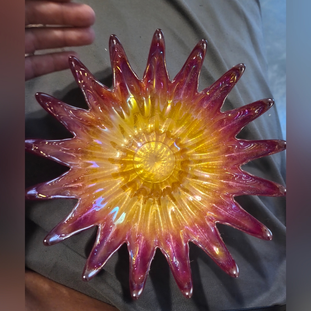 Carnival Glass Sunburst Pattern With Cold Painted Back.